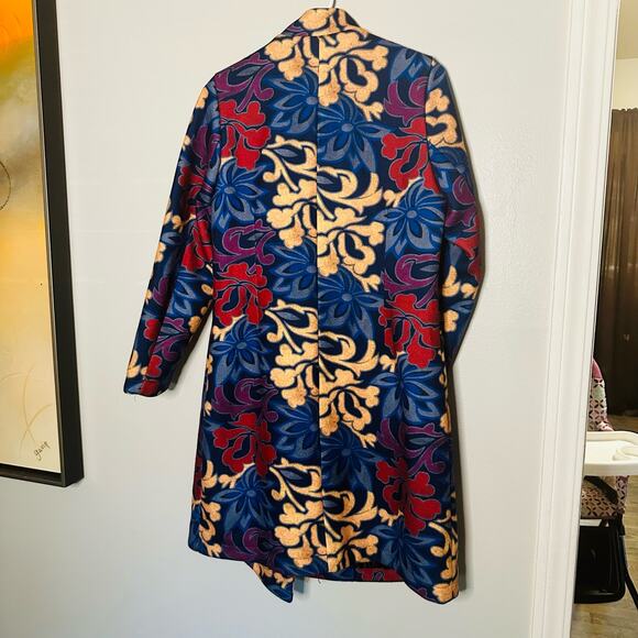 Vintage YaZhuang Floral Blue Tan Red Front Pocket Blazer Long Jacket Size Large - Picture 5 of 14
